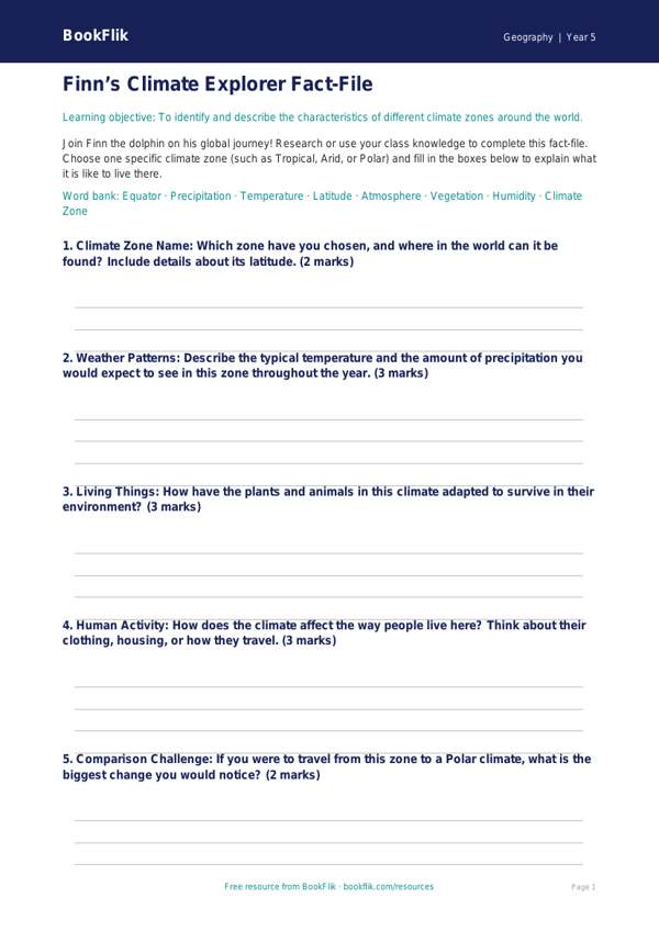 Free Climate Template | Year 5 | Geography | BookFlik worksheet preview — Geography Climate