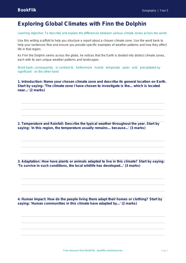 Free Climate Writing Frame | Year 5 | Geography | BookFlik worksheet preview — Geography Climate