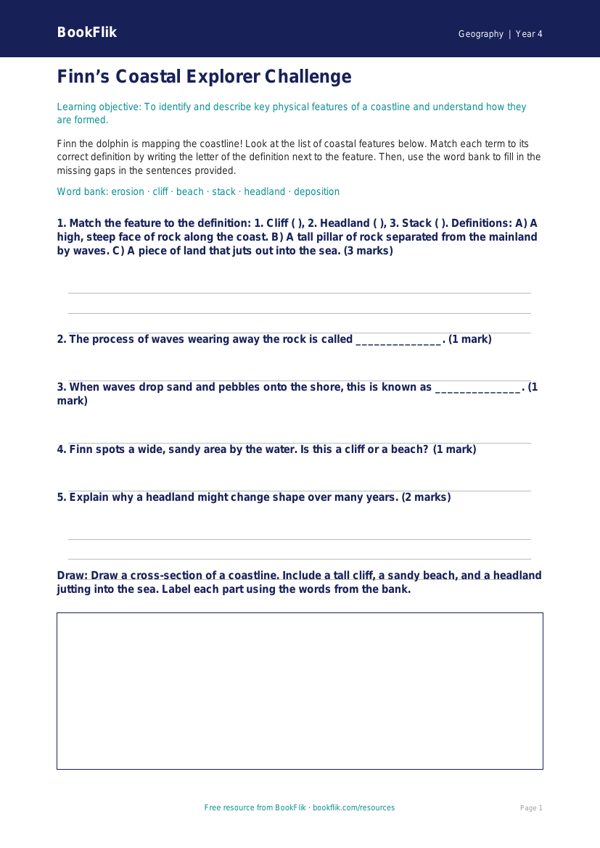Free Coasts Activity Sheet | Year 4 | Geography | BookFlik worksheet preview — Geography Coasts