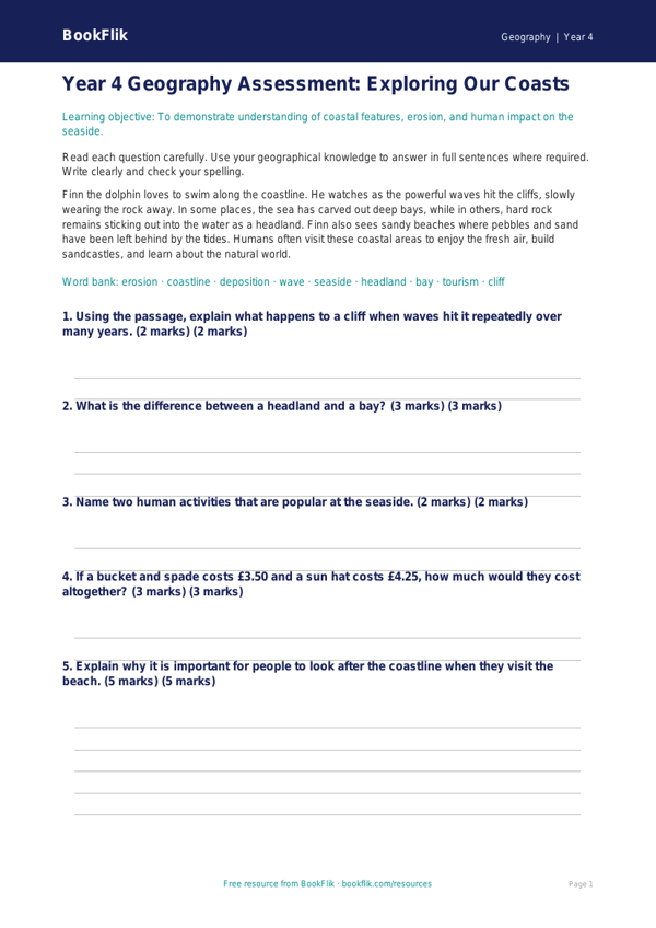 Geography coasts assessment year 4 core worksheet preview — Geography Coasts