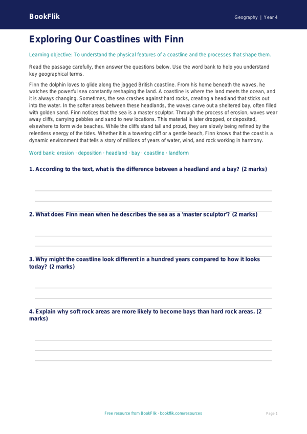 Free Coasts Comprehension | Year 4 | Geography | BookFlik worksheet preview — Geography Coasts