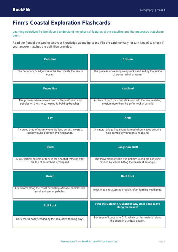 Free Coasts Flashcards | Year 4 | Geography | BookFlik worksheet preview — Geography Coasts