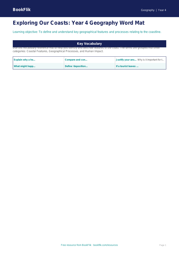 Free Coasts Word Mat | Year 4 | Geography | BookFlik worksheet preview — Geography Coasts