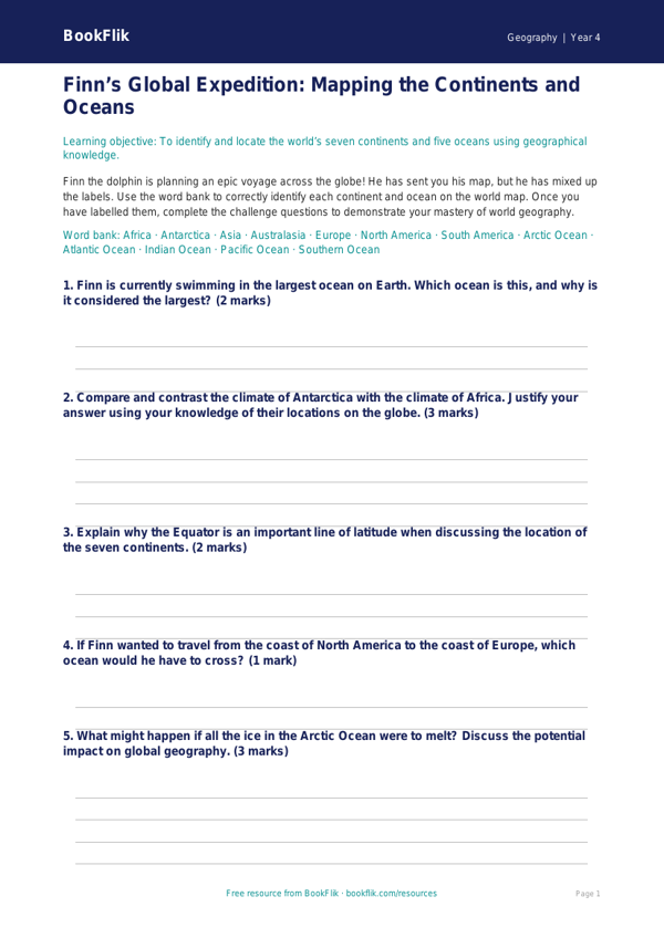 Free Continents And Oceans Activity Sheet | Year 4 | Geography | BookFlik worksheet preview — Geography Continents And Oceans