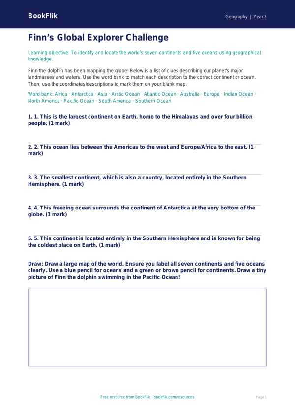 Free Continents And Oceans Activity Sheet | Year 5 | Geography | BookFlik worksheet preview — Geography Continents And Oceans