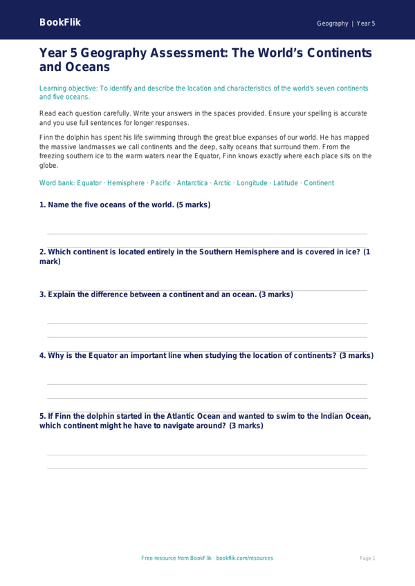 Free Continents And Oceans Assessment | Year 5 | Geography | BookFlik worksheet preview — Geography Continents And Oceans