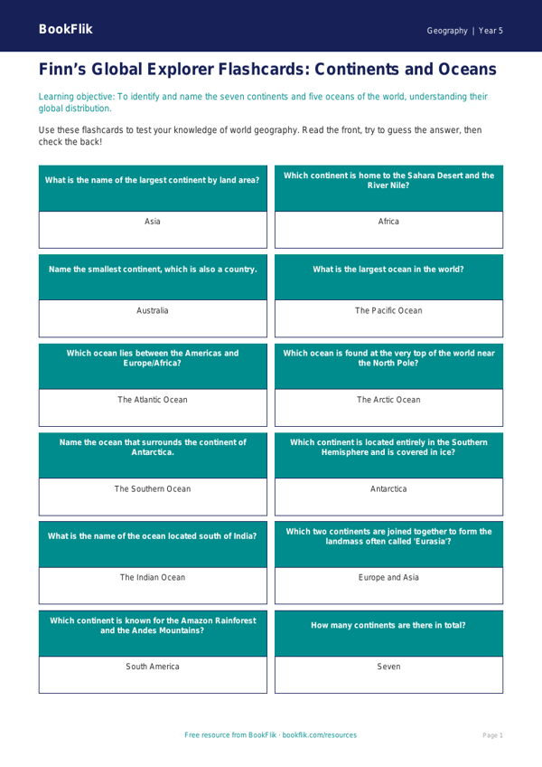 Free Continents And Oceans Flashcards | Year 5 | Geography | BookFlik worksheet preview — Geography Continents And Oceans