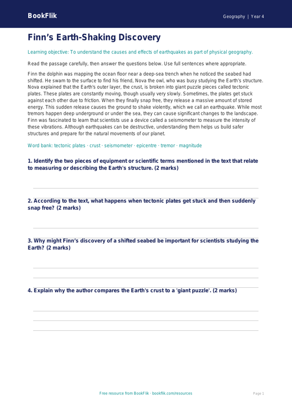 Free Earthquakes Comprehension | Year 4 | Geography | BookFlik worksheet preview — Geography Earthquakes
