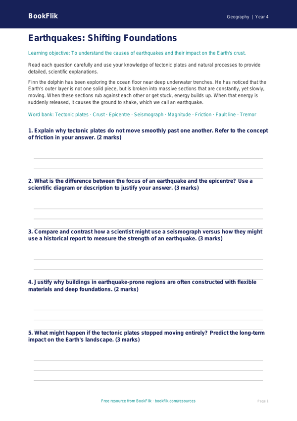 Free Earthquakes Worksheet | Year 4 | Geography | BookFlik worksheet preview — Geography Earthquakes