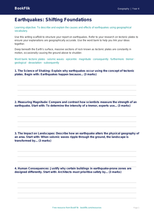 Free Earthquakes Writing Frame | Year 4 | Geography | BookFlik worksheet preview — Geography Earthquakes
