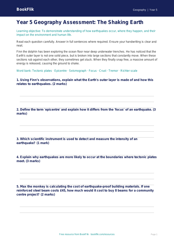 Free Earthquakes Assessment | Year 5 | Geography | BookFlik worksheet preview — Geography Earthquakes