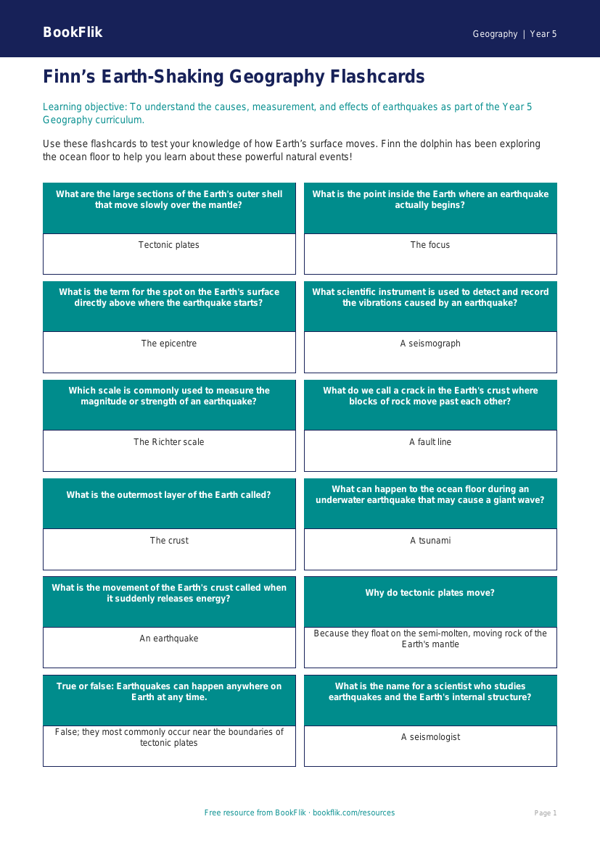 Free Earthquakes Flashcards | Year 5 | Geography | BookFlik worksheet preview — Geography Earthquakes