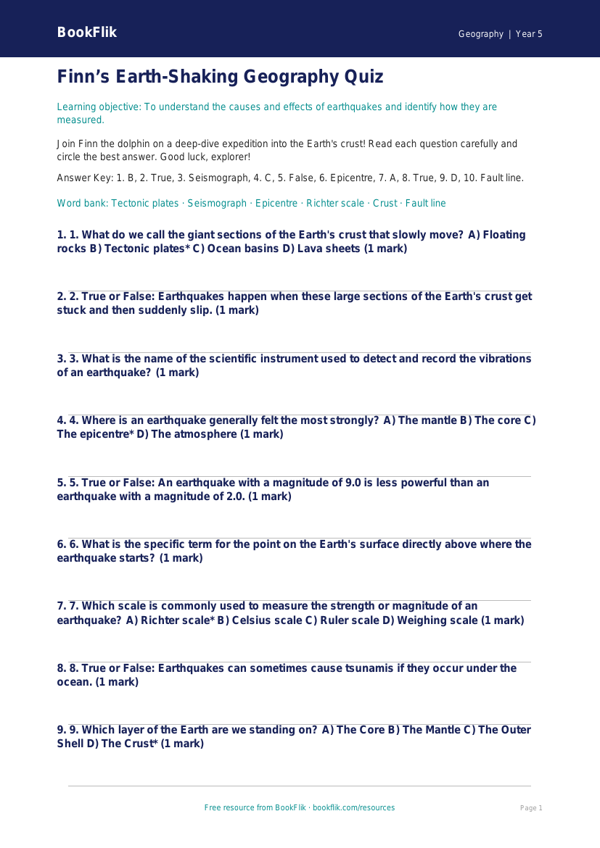 Free Earthquakes Quiz | Year 5 | Geography | BookFlik worksheet preview — Geography Earthquakes