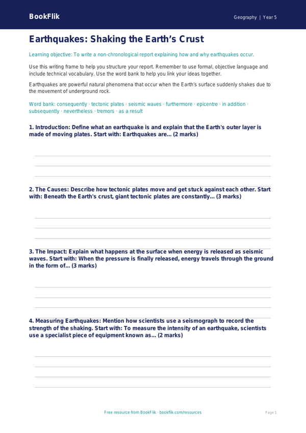 Free Earthquakes Writing Frame | Year 5 | Geography | BookFlik worksheet preview — Geography Earthquakes