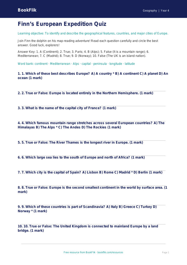 Free Europe Quiz | Year 4 | Geography | BookFlik worksheet preview — Geography Europe