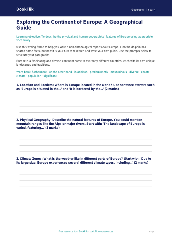 Free Europe Writing Frame | Year 4 | Geography | BookFlik worksheet preview — Geography Europe