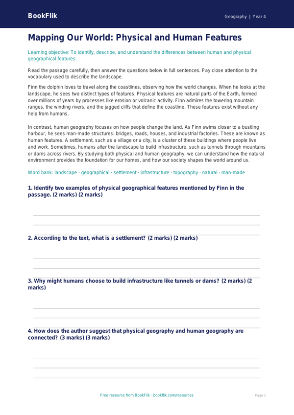 Free Human And Physical Geography Comprehension | Year 4 | Geography | BookFlik worksheet preview — Geography Human And Physical Geography