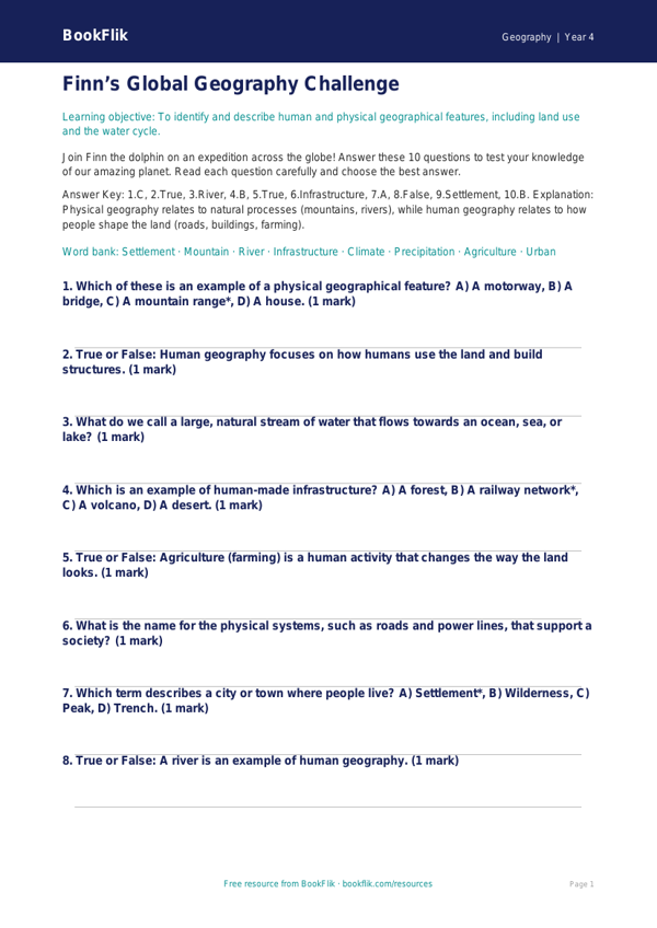 Free Human And Physical Geography Quiz | Year 4 | Geography | BookFlik worksheet preview — Geography Human And Physical Geography