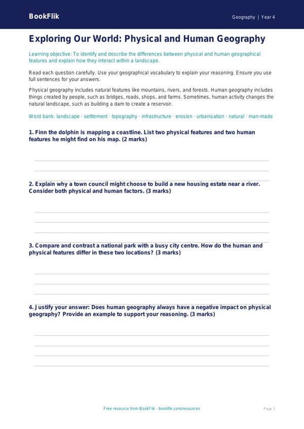 Free Human And Physical Geography Worksheet | Year 4 | Geography | BookFlik worksheet preview — Geography Human And Physical Geography