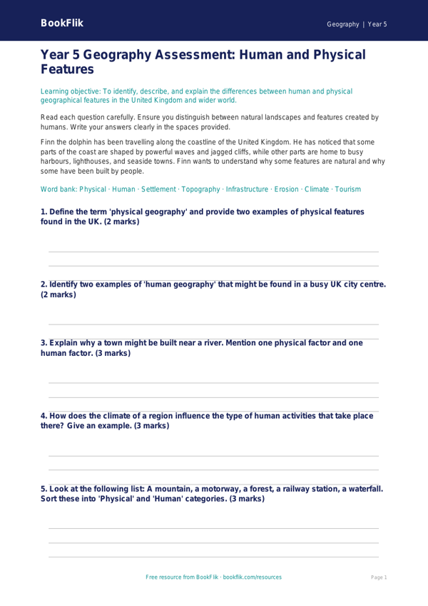 Free Human And Physical Geography Assessment | Year 5 | Geography | BookFlik worksheet preview — Geography Human And Physical Geography