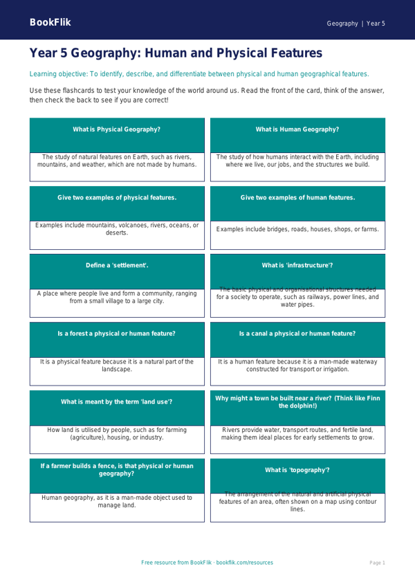 Free Human And Physical Geography Flashcards | Year 5 | Geography | BookFlik worksheet preview — Geography Human And Physical Geography