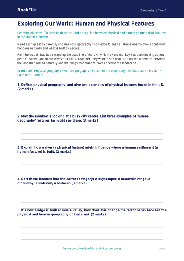 Free Human And Physical Geography Worksheet | Year 5 | Geography | BookFlik worksheet preview — Geography Human And Physical Geography