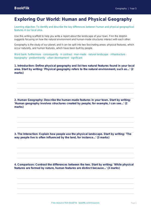 Free Human And Physical Geography Writing Frame | Year 5 | Geography | BookFlik worksheet preview — Geography Human And Physical Geography