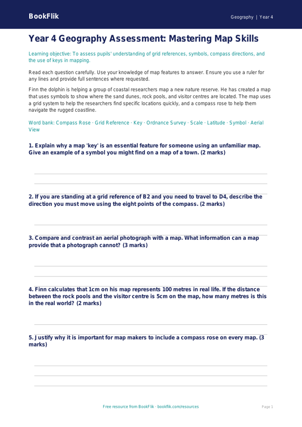 Free Map Skills Assessment | Year 4 | Geography | BookFlik worksheet preview — Geography Map Skills