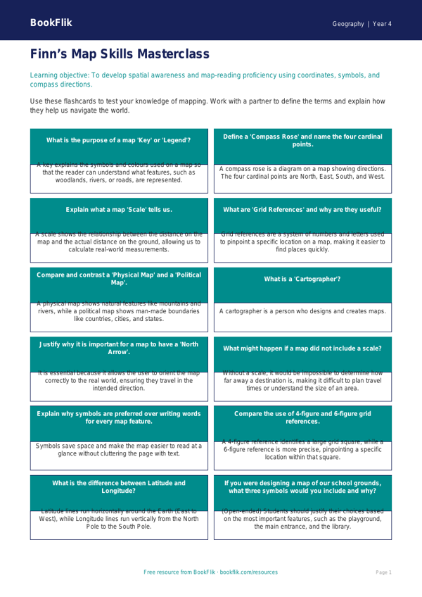 Free Map Skills Flashcards | Year 4 | Geography | BookFlik worksheet preview — Geography Map Skills