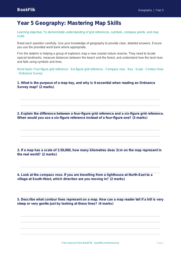 Free Map Skills Assessment | Year 5 | Geography | BookFlik worksheet preview — Geography Map Skills