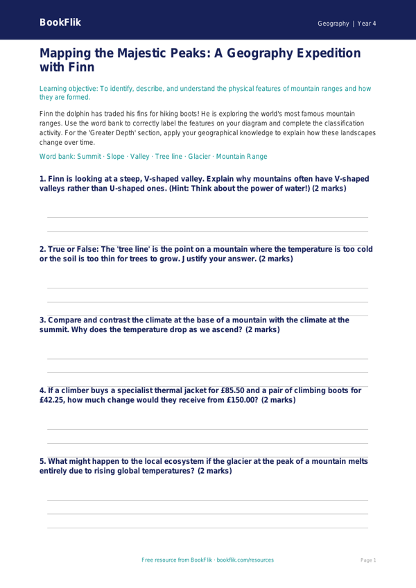 Free Mountains Activity Sheet | Year 4 | Geography | BookFlik worksheet preview — Geography Mountains