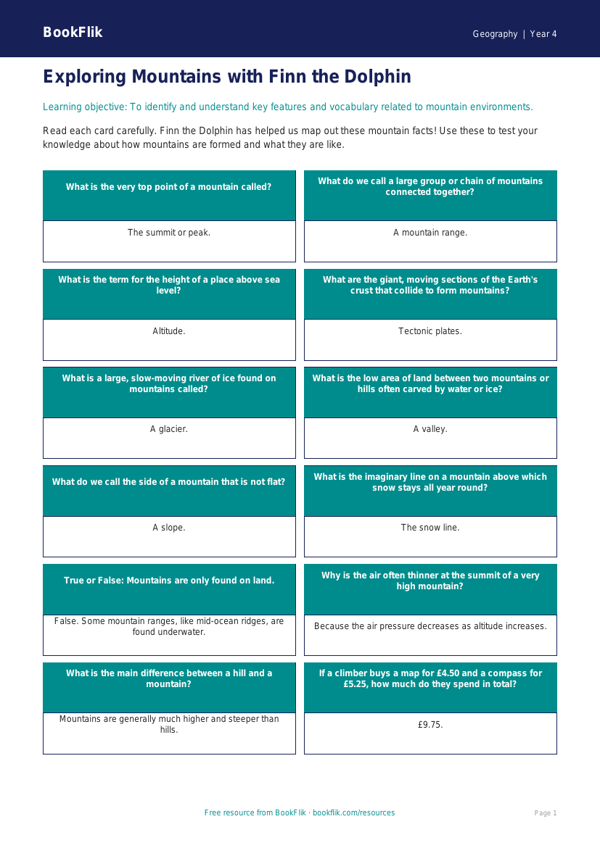 Free Mountains Flashcards | Year 4 | Geography | BookFlik worksheet preview — Geography Mountains