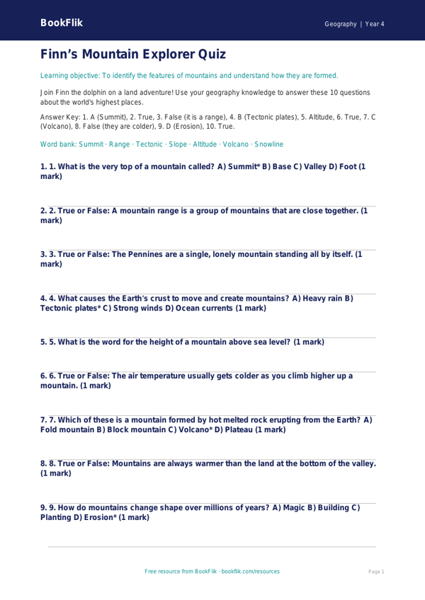 Free Mountains Quiz | Year 4 | Geography | BookFlik worksheet preview — Geography Mountains