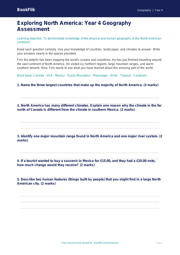 Free North America Assessment | Year 4 | Geography | BookFlik worksheet preview — Geography North America