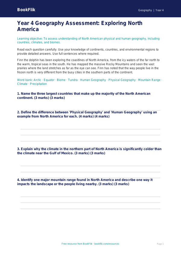 North America Geography Assessment | Year 4 | Greater Depth | BookFlik worksheet preview — Geography North America