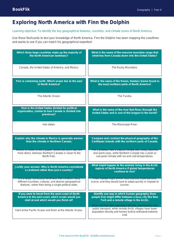 North America Geography Flashcards | Year 4 ACARA | BookFlik worksheet preview — Geography North America