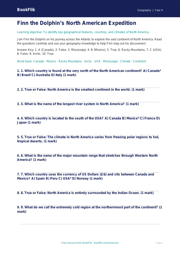 North America Geography Quiz | Year 4 | Australian Curriculum worksheet preview — Geography North America
