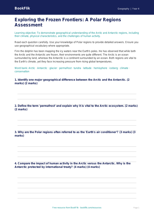 Free Polar Regions Assessment | Year 4 | Geography | BookFlik worksheet preview — Geography Polar Regions