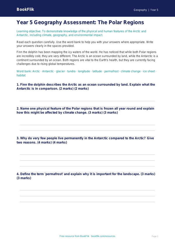 Free Polar Regions Assessment | Year 5 | Geography | BookFlik worksheet preview — Geography Polar Regions