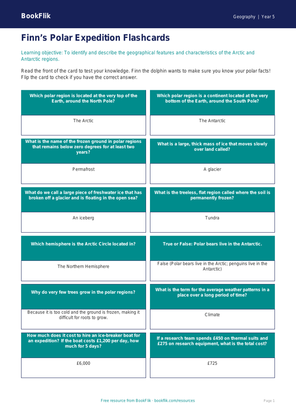 Free Polar Regions Flashcards | Year 5 | Geography | BookFlik worksheet preview — Geography Polar Regions