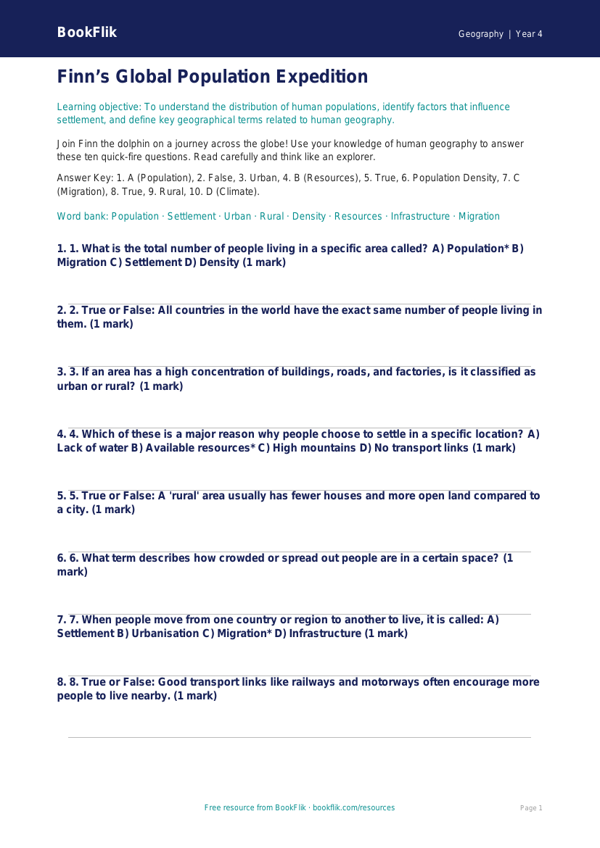 Year 4 Population Geography Quiz | Australian Curriculum | BookFlik worksheet preview — Geography Population