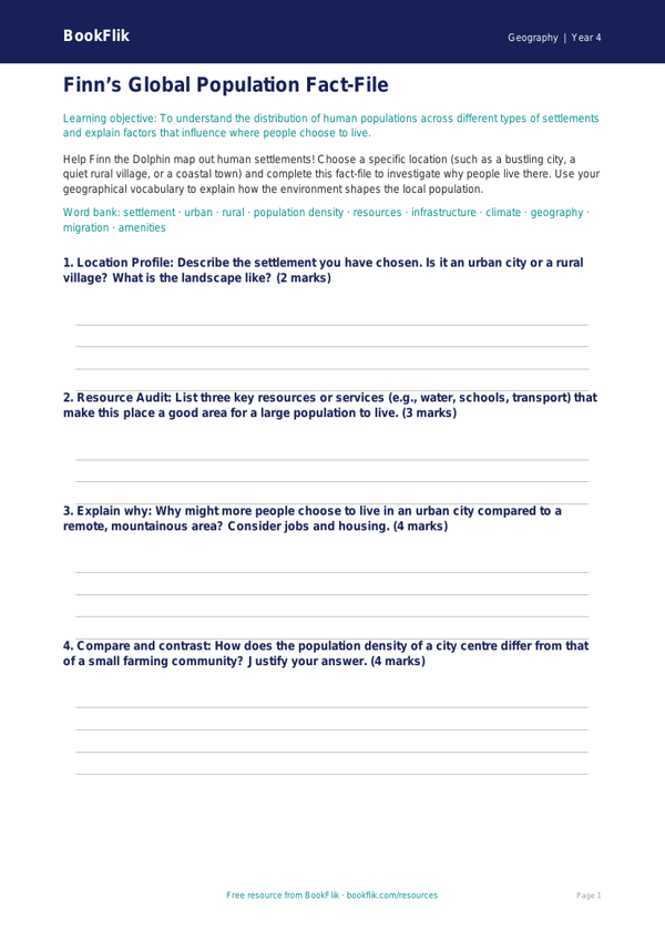 Free Population Template | Year 4 | Geography | BookFlik worksheet preview — Geography Population
