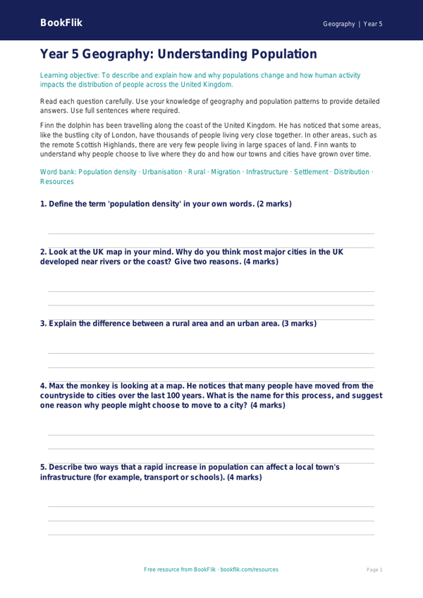 Free Population Assessment | Year 5 | Geography | BookFlik worksheet preview — Geography Population
