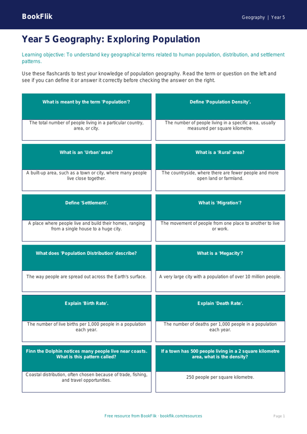 Free Population Flashcards | Year 5 | Geography | BookFlik worksheet preview — Geography Population