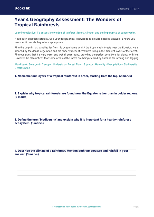 Free Rainforests Assessment | Year 4 | Geography | BookFlik worksheet preview — Geography Rainforests