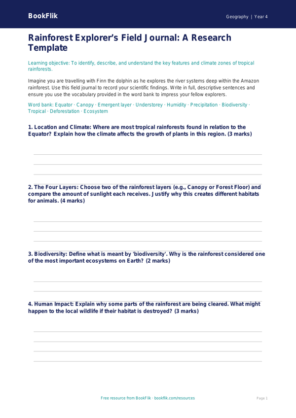 Rainforests Template Year 4 | Geography Resource | BookFlik worksheet preview — Geography Rainforests