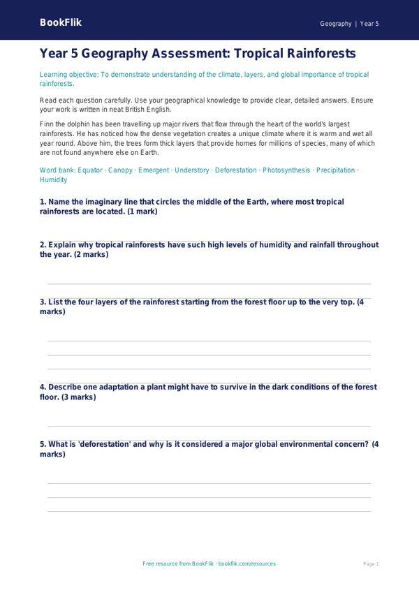 Free Rainforests Assessment | Year 5 | Geography | BookFlik worksheet preview — Geography Rainforests