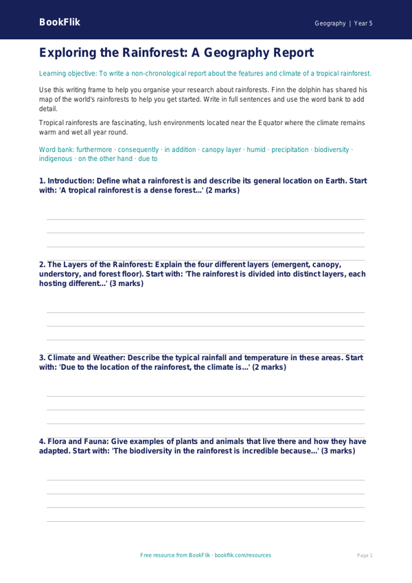 Free Rainforests Writing Frame | Year 5 | Geography | BookFlik worksheet preview — Geography Rainforests