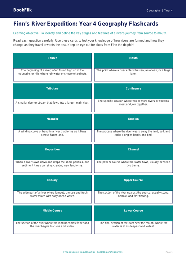 Free Rivers Flashcards | Year 4 | Geography | BookFlik worksheet preview — Geography Rivers
