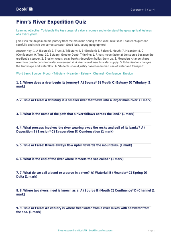 Rivers Quiz Year 4 | Geography Resources | BookFlik worksheet preview — Geography Rivers